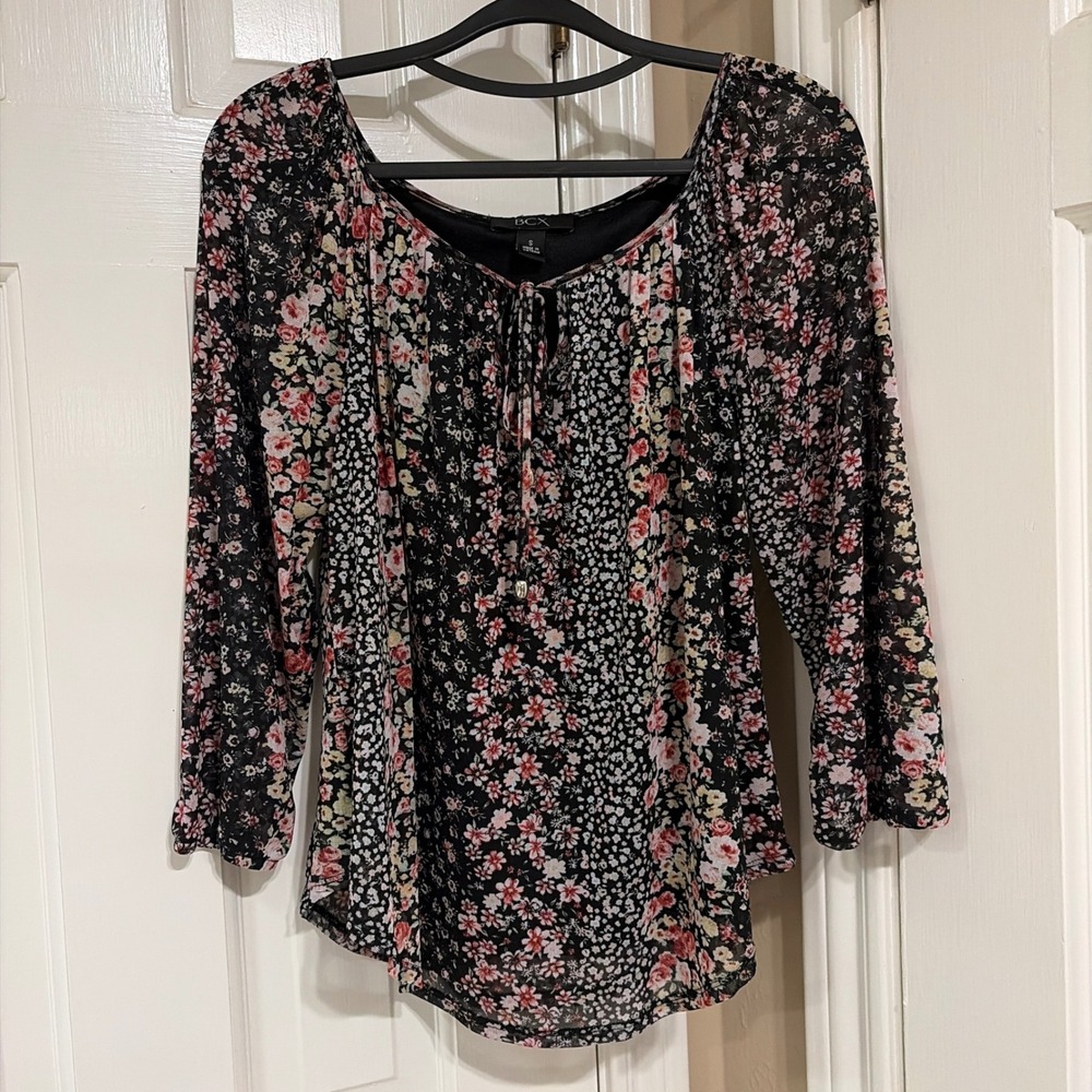 BCX Womens Floral Mesh Scoop Neck Tie Top Black S 3/4 Sleeve Lined
